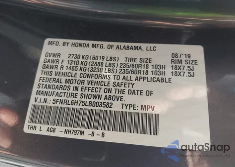 2020 Honda Odyssey Ex-L/Ex-L W/Navi Res z USA, uszkodzony, nr VIN 5FNRL6H75LB003582
